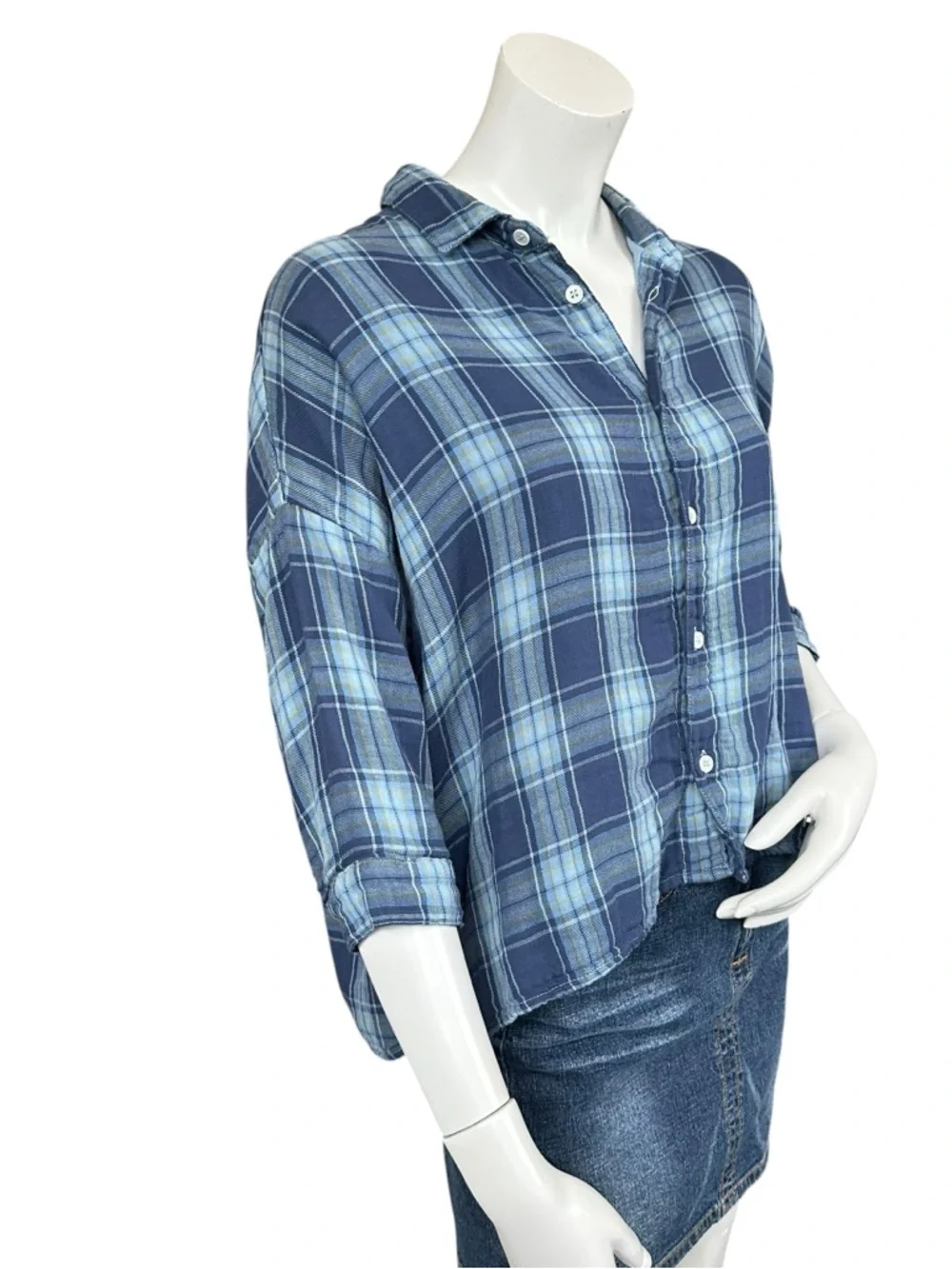 CP Shades Blue Yellow Plaid Cropped Boxy Drop Shoulder Cotton Button Down Top S - Picture 3 of 8